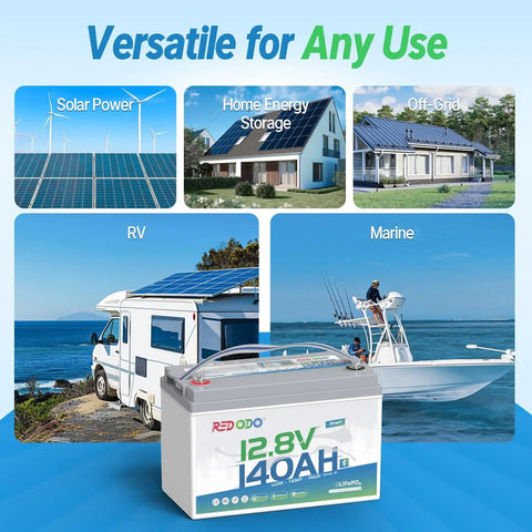12V 140Ah LiFePO4 Battery Group31 for RVs, boats, solar with Bluetooth shown in marine, campervan, off-grid settings