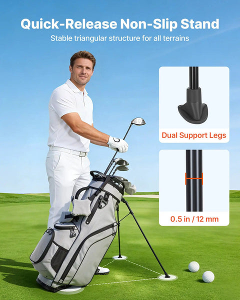 Man using Golf Cart Bag With 14 Way Top Divider And Full Length Dividers 2 In 1 Design Dual Shoulder Straps Sturdy Support Legs