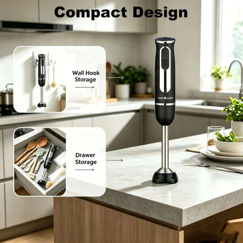 Compact design of Smooth As Silk 300 Watt Immersion Stick Blender With Rock Solid Build for easy storage options.
