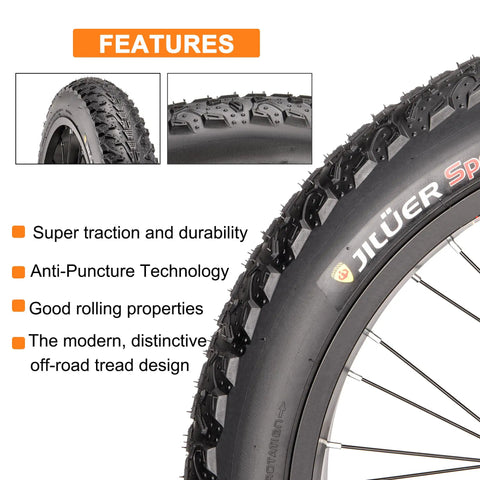 Puncture Resistant Fat Bike Tire Set With 20x3.0, 20x4.0, 26x4.0 Sizes, features list and tire detail showing off-road tread.