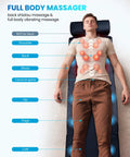 Man standing next to an infographic of the Full Body Massage Mat With Heat And Shiatsu Kneading For Deep Tissue Back Pain Relief.