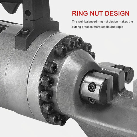 Close-up of Hot Shot Electric Hydraulic Rebar Cutter 110V Heavy Duty Steel Bar Cutter with ring nut design for stable cutting.