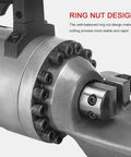 Close-up of Heavy Duty Electric Hydraulic Rebar Cutter showing ring nut design for stability in cutting 4-22mm steel rods.