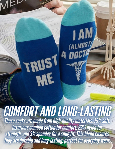 Light Blue And Navy Med School Graduation Crew Socks For Future Docs And Nurses Great White Coat Ceremony Gift Milestone Socks For Medical Students And Residents A Fun Motivational Piece For Finals Week displayed on a desk with books