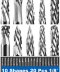 Carbide burr set, 20 pcs, 1/8 in shank, 10 shapes, front view for rotary tool attachments
