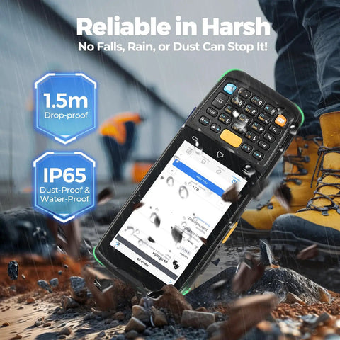 Front view of Android 14 Barcode Scanner With Pistol Grip A Real Warehouse Beast Honeywell HS7 QR, rugged design, on rocky ground.