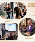 Collage of dance class, business speech, and sermon, related to Over Ear Headset Microphone With Ear Hook XLR 3 Pin TA3F Plug Beige Color.