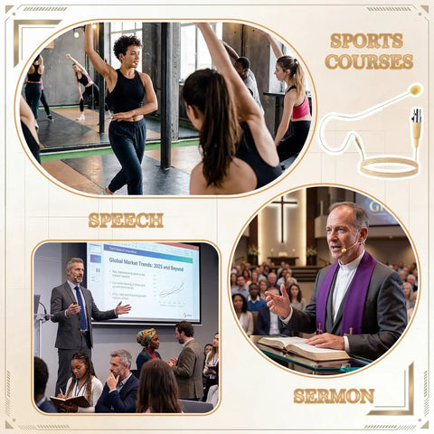 Collage of dance class, business speech, and sermon, related to Over Ear Headset Microphone With Ear Hook XLR 3 Pin TA3F Plug Beige Color.