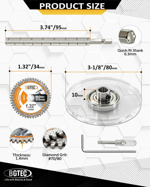 Inside Pipe Cutter Kit For PVC Pipe 2 Diamond Grit Cutting Wheels Quick Connect Shaft With Depth Scale Guide Disc And Hex Wrench Screwdriver For Pro Grade Precision In Tight Spaces, 34mm wheel, 6.3mm shank