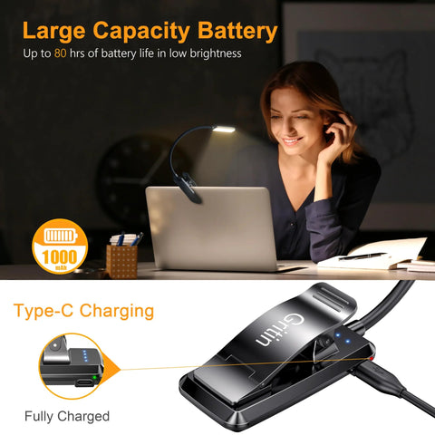 Gritin 9-LED rechargeable clip-on reading light attached to a laptop, black with flexible neck and Type-C charging.