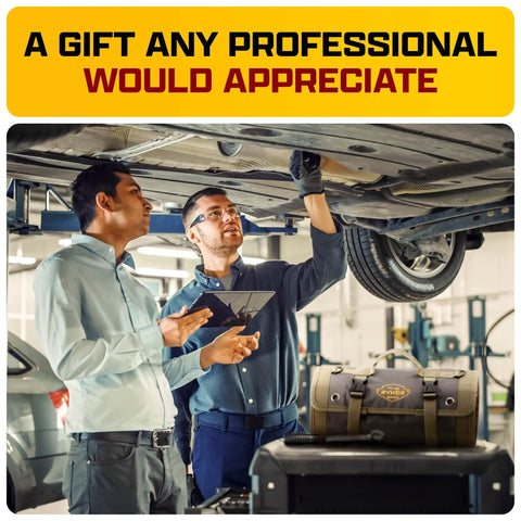 Mechanics in garage with Pro Tool Bag Organizer Foldable Roll Up With Detachable Pouches Wrench Holder nearby on cart