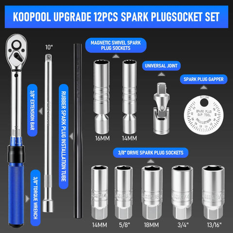 Magnetic Spark Plug Socket Set With Installation Tube And Ten Inch Extension Bar Three Eighths Inch Click Torque Wrench Spark Plug Gap Tool Magnetic Swivel Sockets With U Joint Twelve Piece