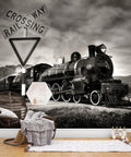 Dope Old Steam Locomotive Wall Mural Peel And Stick 90 By 67 Inches Four Panels Premium Vinyl Matte Finish showing vintage train at crossing.