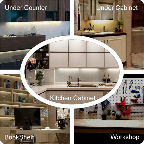 Different installations of Plug-In Under Cabinet LED Light Bar Kit, 3 Pack 12 Inch in kitchen, bookshelf, under counter, and workshop