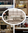 Uses of Under Cabinet LED Light Bar Kit Six Pack 12 Inch Plug In Dimmable Lighting in kitchen, bookshelf, workshop, under counter.