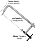 Image of Light Duty Utility Clamp UD45 with 4.5 inch capacity, 500 pound clamping power, 5/8 by 5/16 inch rail, 3.25 inch throat depth.