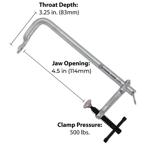 Image of Light Duty Utility Clamp UD45 with 4.5 inch capacity, 500 pound clamping power, 5/8 by 5/16 inch rail, 3.25 inch throat depth.