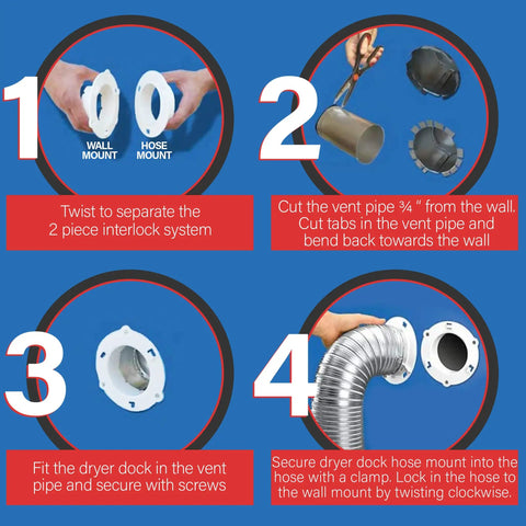 Installation steps for Dryer Vent Quick Release System For 4 Inch Tubes Two Piece Quick Connect Twist And Lock Easy Install