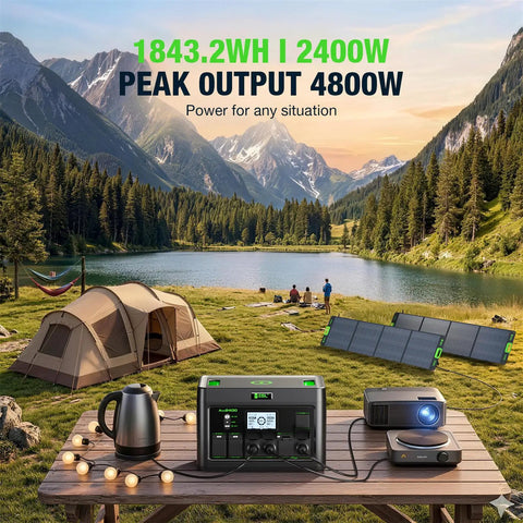 Beefy 2400W Portable Power Station With 2x200W Solar Panels for camping by a lake with mountains in the background