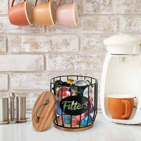 Rustic Coffee Filter Holder with lid, acacia wood and metal, on kitchen counter, next to white coffee machine