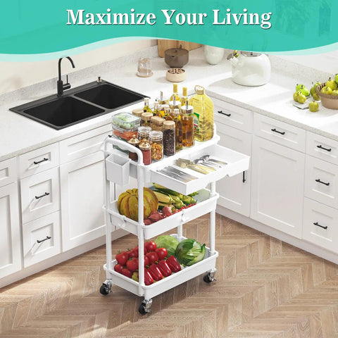 Three Tier Rolling Cart With Removable Drawer And Lockable Wheels For Bathroom Kitchen Office Craft Makeup And Baby Essentials White Space Saver Great For Small Spaces And Daily Use in a kitchen setting