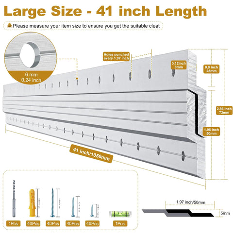 Two Pairs 41 Inch French Cleat Hangers With 500 Lb Load Capacity, aluminum Z clips detail with dimensions and components