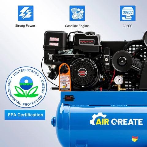 Get The 30 Gallon Gas Air Compressor With Powerful 14HP Engine And Electric Start. Delivering A Massive 31.8 CFM At 175 PSI Featuring A 420CC Motor And ASME Certified Tank For Heavy Duty Work