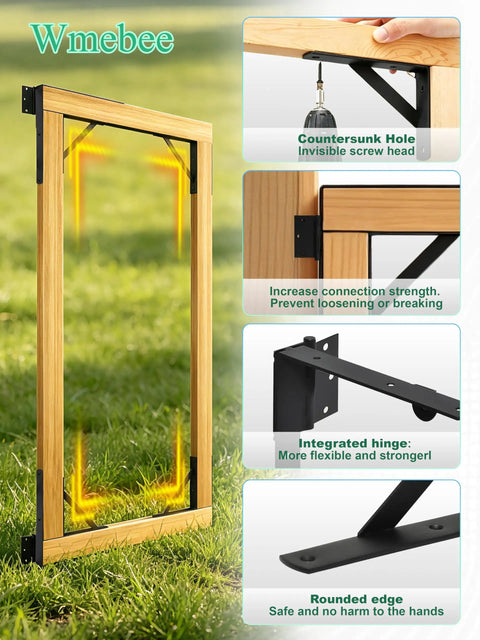 Anti Sag Gate Kit Two Pack Heavy Duty Fence Gate Hardware For Durable Wood And Metal Gates, Steel Construction, Rust Proof Design, Supports Up To 120 Lbs Per Gate, Easy Install And Long Lasting Performance. Black steel anti-sag gate bracket kit on wood fence frame