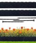 Wood Look Garden Edging Border 2.4 Inch Tall Lawn And Landscape Border For Flower Beds Tree Rings And Pathways Durable All Weather PE Material Easy To Install Low Maintenance Black panels and spikes with tulips in background.