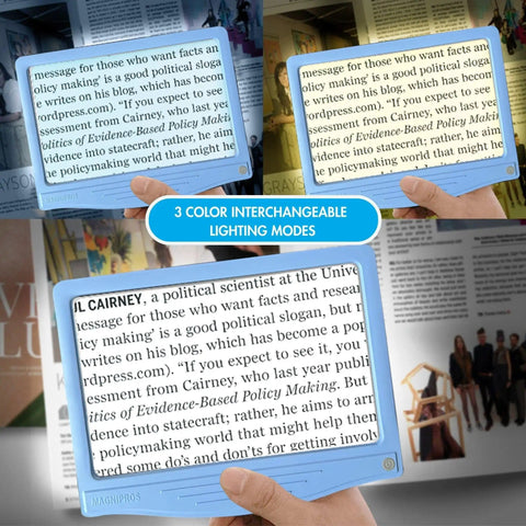 5X Rechargeable LED Page Magnifier With Large 4.5 By 7 Inch Viewing Area Anti Glare Lens And 3 Color Light Modes in use