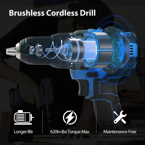 Cordless Drill Set With Brushless Motor 20V Max Drill Driver Kit Includes Charger 1/2 Inch Chuck 620 Inch Pounds Torque Dual Speed Built In LED Light For Quick and Smooth Drilling