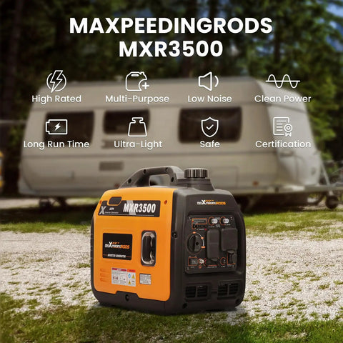 3500 Watt Gas Powered Inverter Generator With 3000 Watt Run Ultra Portable 47lb Backup Power For Home Camping RV Or Trailer EPA Compliant Quiet Reliable Power On The Go in front of an RV