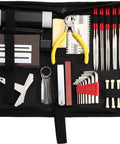 44 Piece Guitar Repair Tool Kit With Stainless Steel Setup Tools including winder, pliers, hex wrench, and file set in a case.