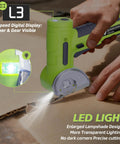 Upgraded Cordless Electric Scissors With Wider Opening And Large 1.84 Inch Tungsten Blade For Heavy Duty Cardboard Cutting, LED light feature in green finish.