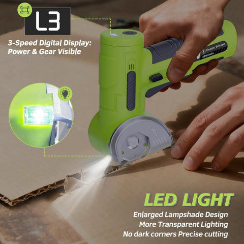 Upgraded Cordless Electric Scissors With Wider Opening And Large 1.84 Inch Tungsten Blade For Heavy Duty Cardboard Cutting, LED light feature in green finish.