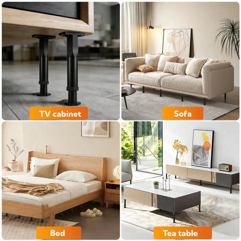 Ditch The Wobble With These 8 Adjustable Bed Support Legs under a TV cabinet, showing solid support and stability in black finish.