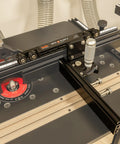 Miter Slide II Precision Miter Slot Accessory on router table, dual aluminum tracks, heavy duty locking handle, extruded aluminum