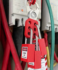 Lockout Tagout Safety Locks Set With 30 Keyed Different Padlocks And Two Keys Per Lock OSHA Compliant applied to electrical panel