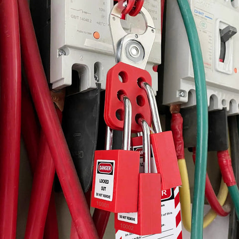 Lockout Tagout Safety Locks Set With 30 Keyed Different Padlocks And Two Keys Per Lock OSHA Compliant applied to electrical panel