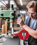 HIDOTOL 20pc TCT carbide hole saw kit with tungsten carbide bits and titanium pilot, shown with a green drill press.
