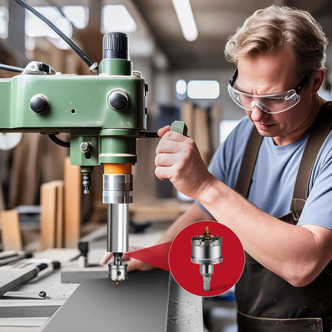 HIDOTOL 20pc TCT carbide hole saw kit with tungsten carbide bits and titanium pilot, shown with a green drill press.