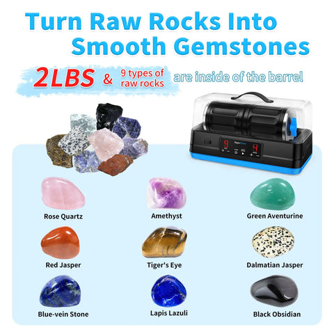 Image showing rocks and Ultra Quiet Brushless Rock Tumbler Kit With Dual 7Lb Barrels, Noise Canceling Cover, Four Speed Settings And Nine Day Timer, No-Fuss Setup And Full Accessories Included, Professional Rock Polisher For Adults.