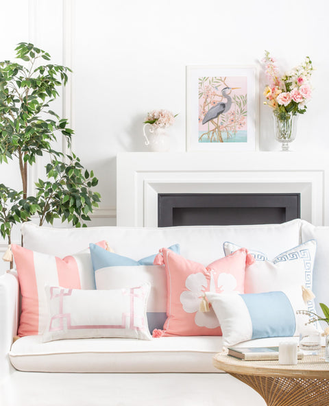 Coastal Outdoor Lumbar Pillow Cover 12x20 Inches Water Repellent For Backyard Patio Indoors Outdoors Blush Pink Embroidered Greek Key