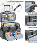 Rolling Scrapbook Tote On Wheels With Detachable Trolley And Bottom Wooden Board, gray bag showing external pockets and supplies storage.