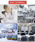 Collage showing laboratory, machinery, industrial robots, and office setting with 'Easy to Install' text.