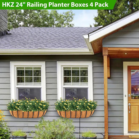 Four Pack 24 Inch Window Box Planters for Balcony Railings and Fences installed under windows
