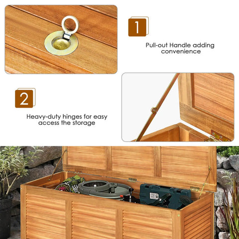 46 Gallon Acacia Wood Deck Box With Outdoor Storage Bench showing pull-out handle, heavy-duty hinges, and internal storage view