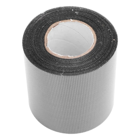Roll of No Fuss Easy Quick Fix Self Adhesive Window Screen Repair Tape, black fiberglass mesh, 80mm x 9.15m, for mesh doors and outdoor repairs.
