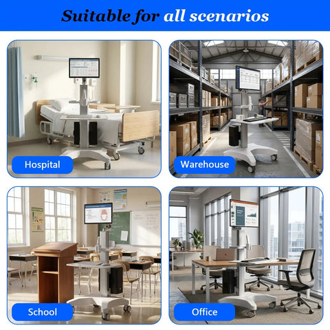 Adjustable Height Rolling Standing Desk With Rock Solid Monitor Mount And Smooth Keyboard Tray in hospital, warehouse, school, and office settings.