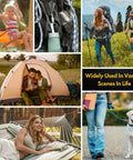 Collage showing various outdoor activities including camping, hiking, and hammocking, emphasizing versatility of stainless steel chain quick links.